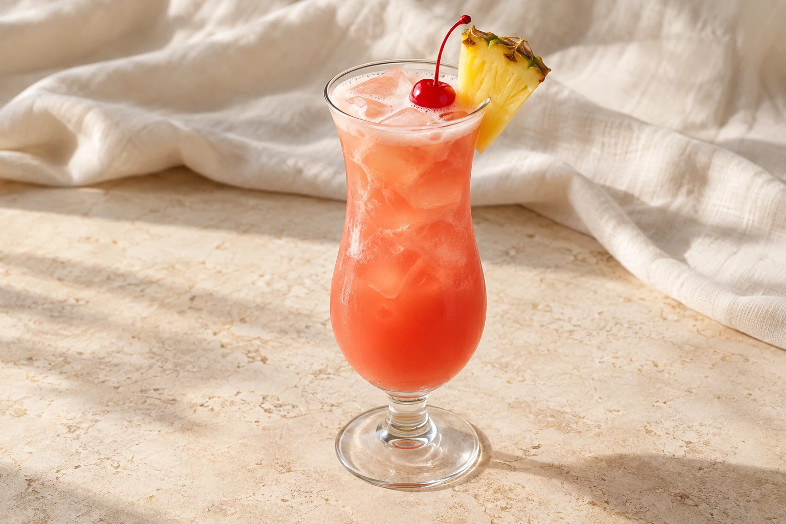Rosy coral Singapore Sling over ice in a hurricane glass, with a thin pineapple foam, a pineapple wedge, and a red cocktail cherry