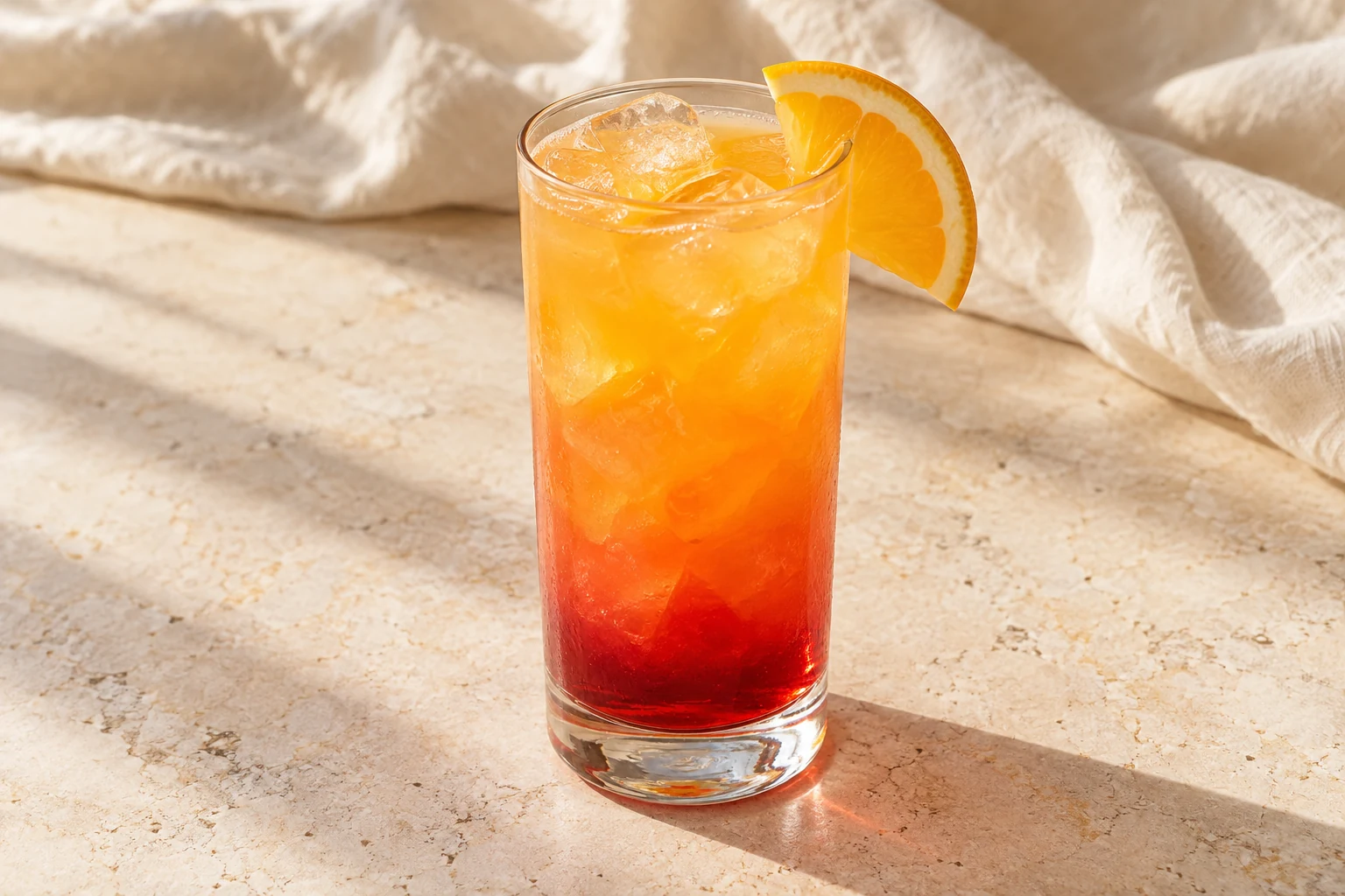 Tequila Sunrise in a tall highball glass over irregular ice, with a red grenadine base fading into orange juice and an orange half-slice