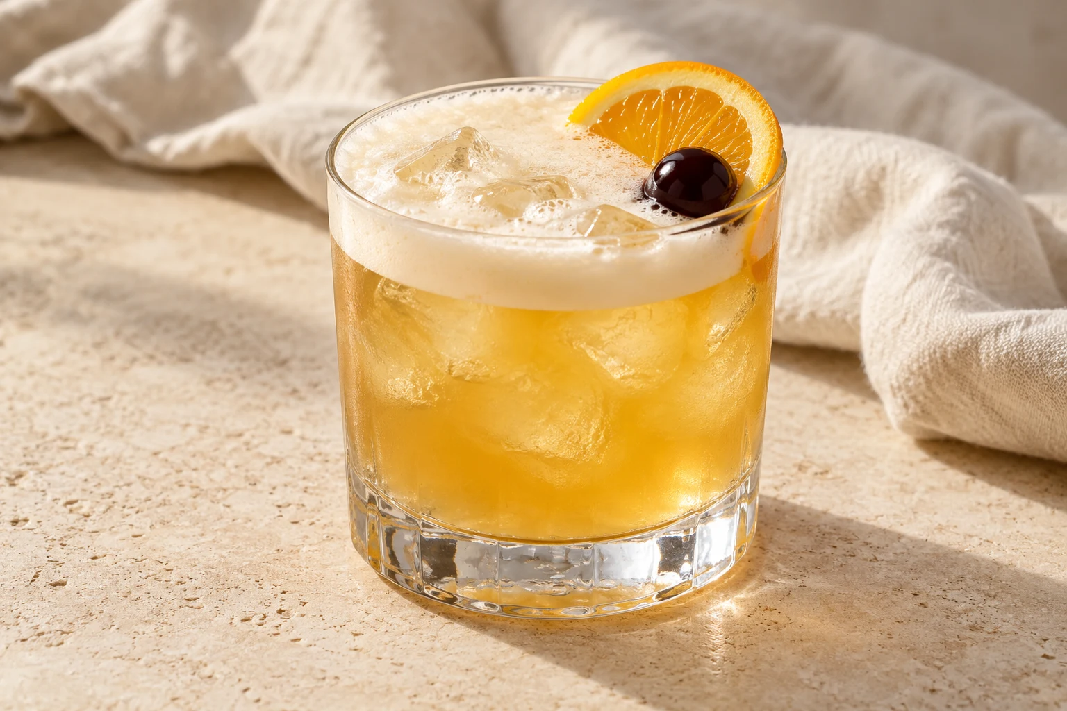 Pale golden whiskey sour over irregular ice with a modest white foam cap, an orange half-slice and one dark cocktail cherry