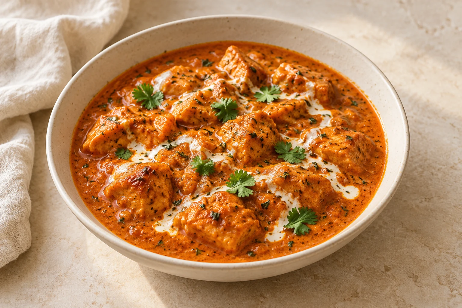 Butter chicken in a glossy orange tomato cream sauce, finished with cilantro in an ivory bowl