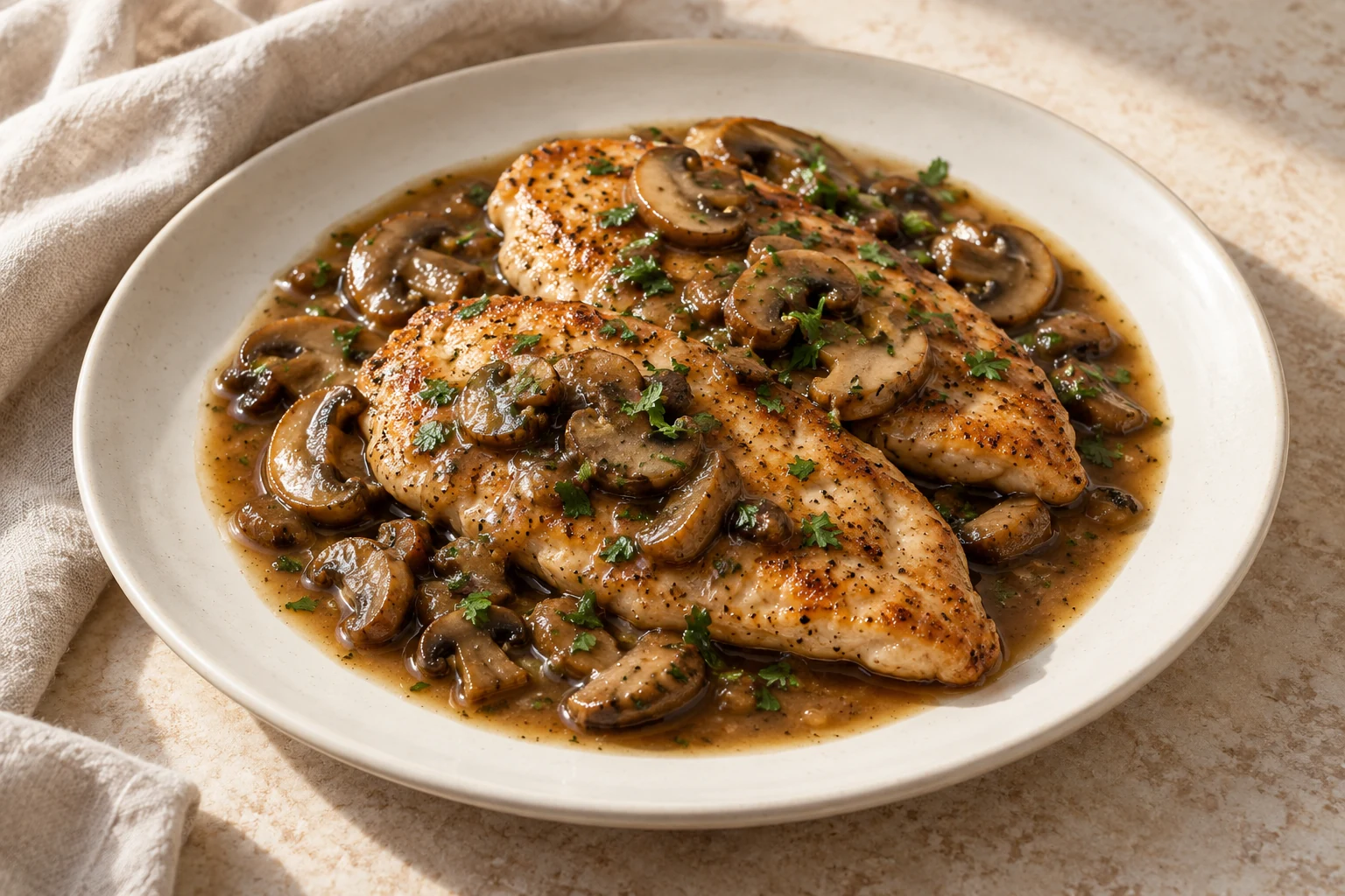 Golden chicken cutlets with sliced cremini mushrooms, glossy brown Marsala sauce, and parsley on an ivory plate