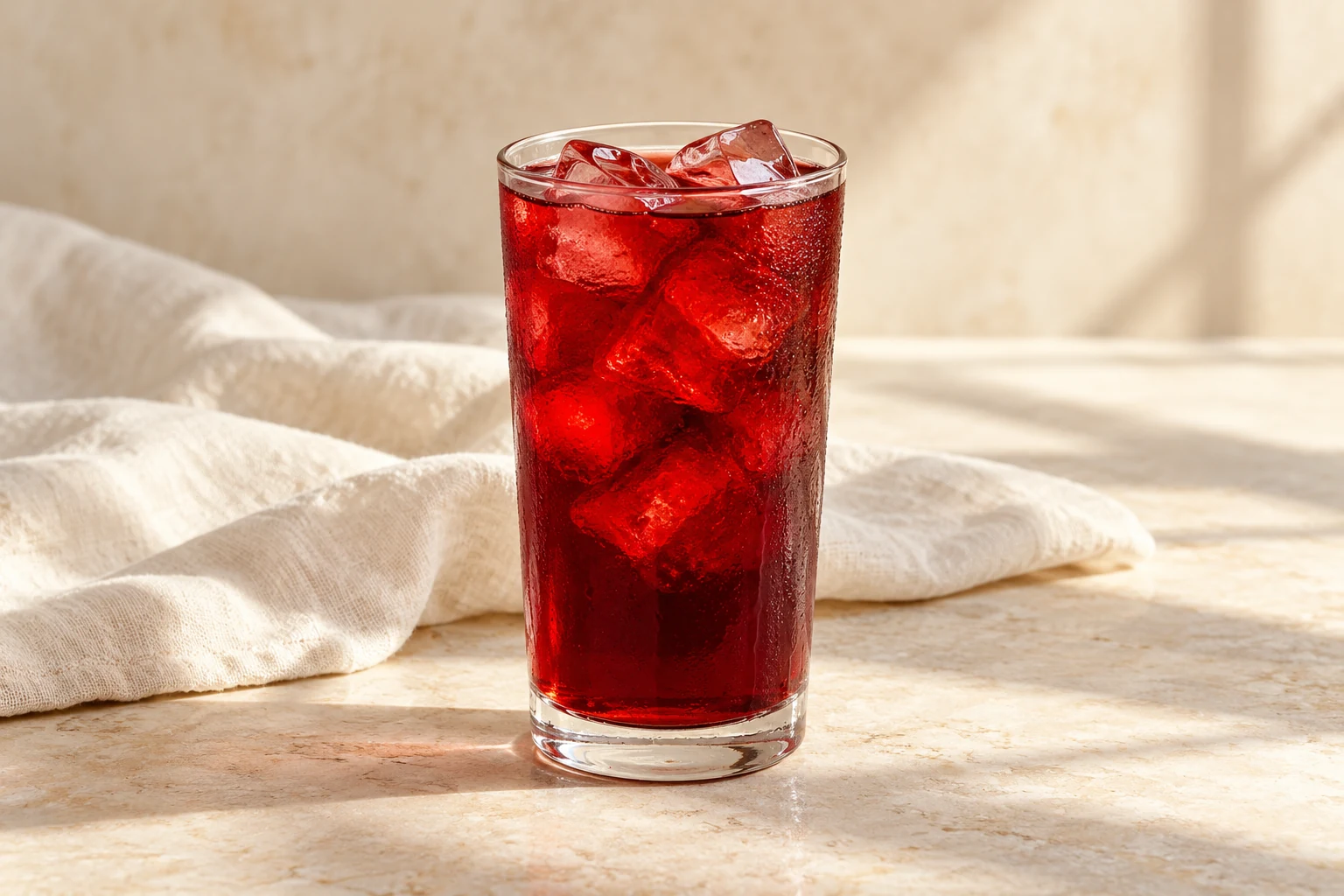 Clear deep-ruby hibiscus agua de jamaica over ice in a tall glass without garnish