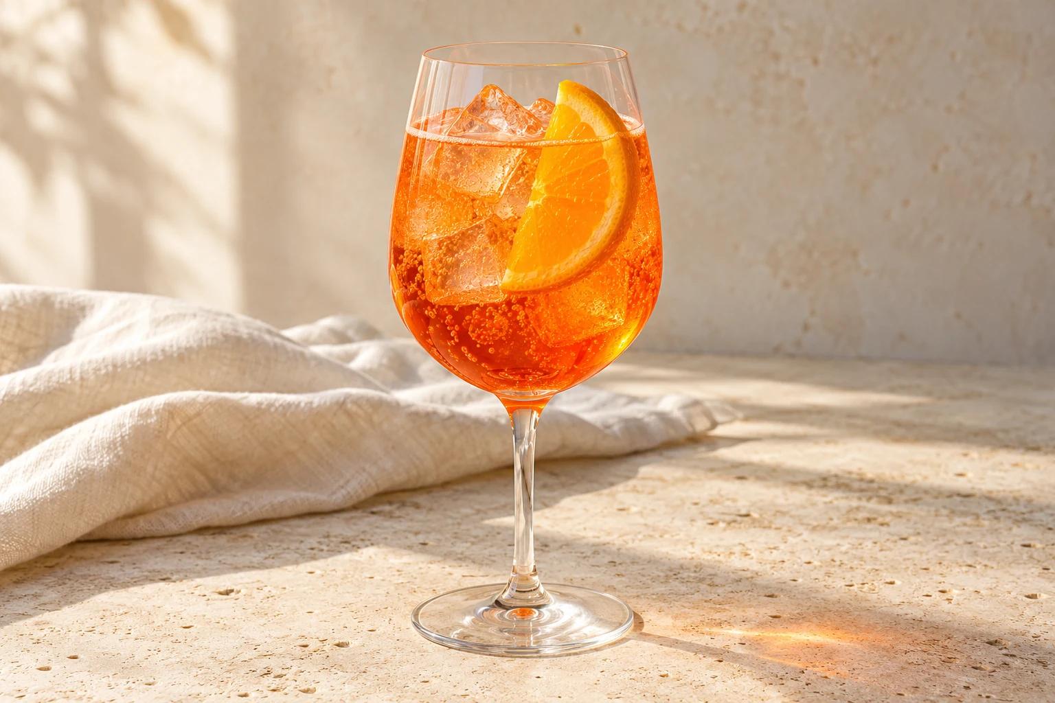 Orange Aperol spritz in a large stemmed wine glass with ice and an orange slice