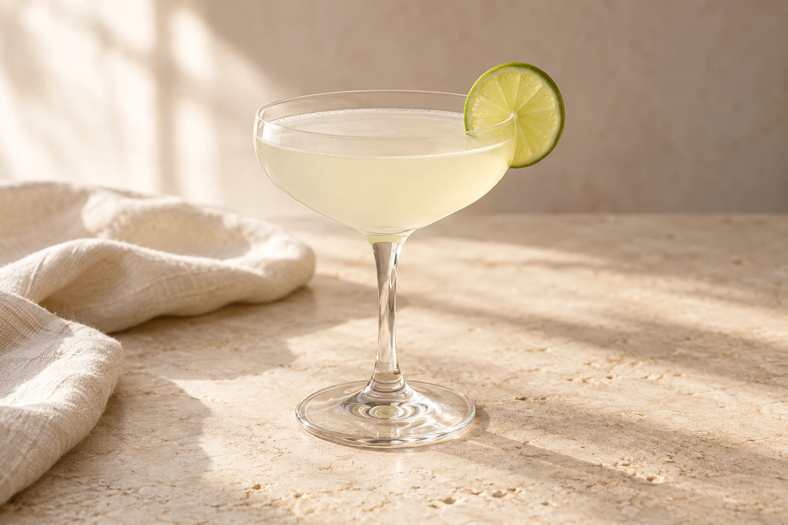 Pale translucent daiquiri strained into a coupe with no ice and a small lime wheel