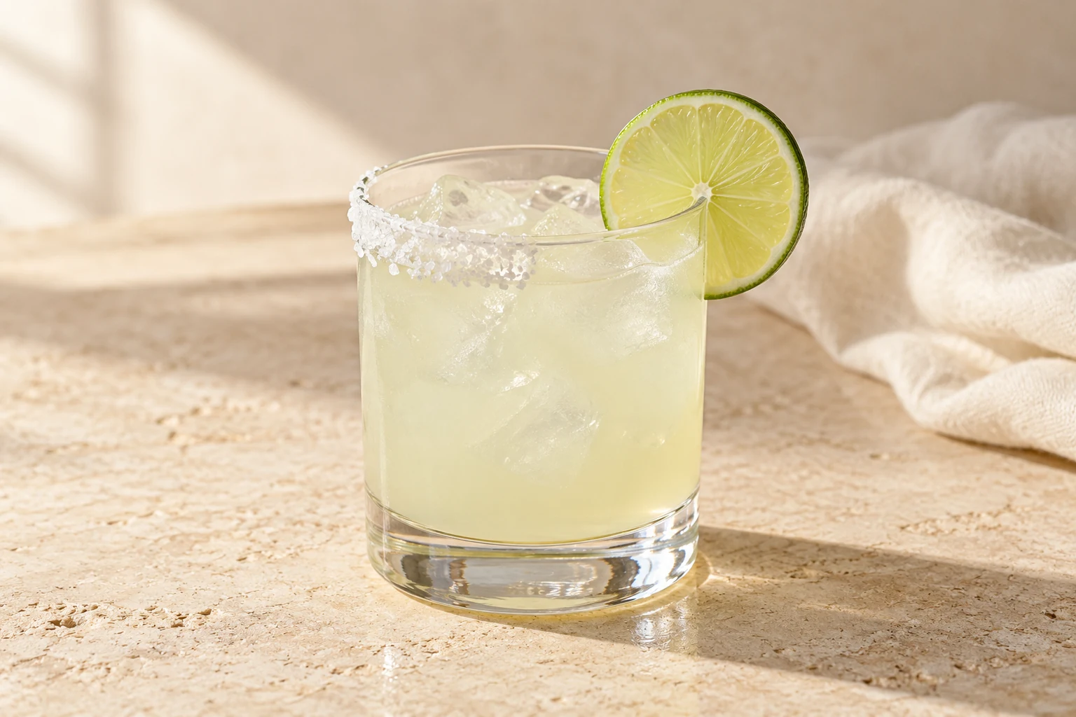 Pale cloudy margarita over clear ice in a short rocks glass with a half salt rim and lime wheel