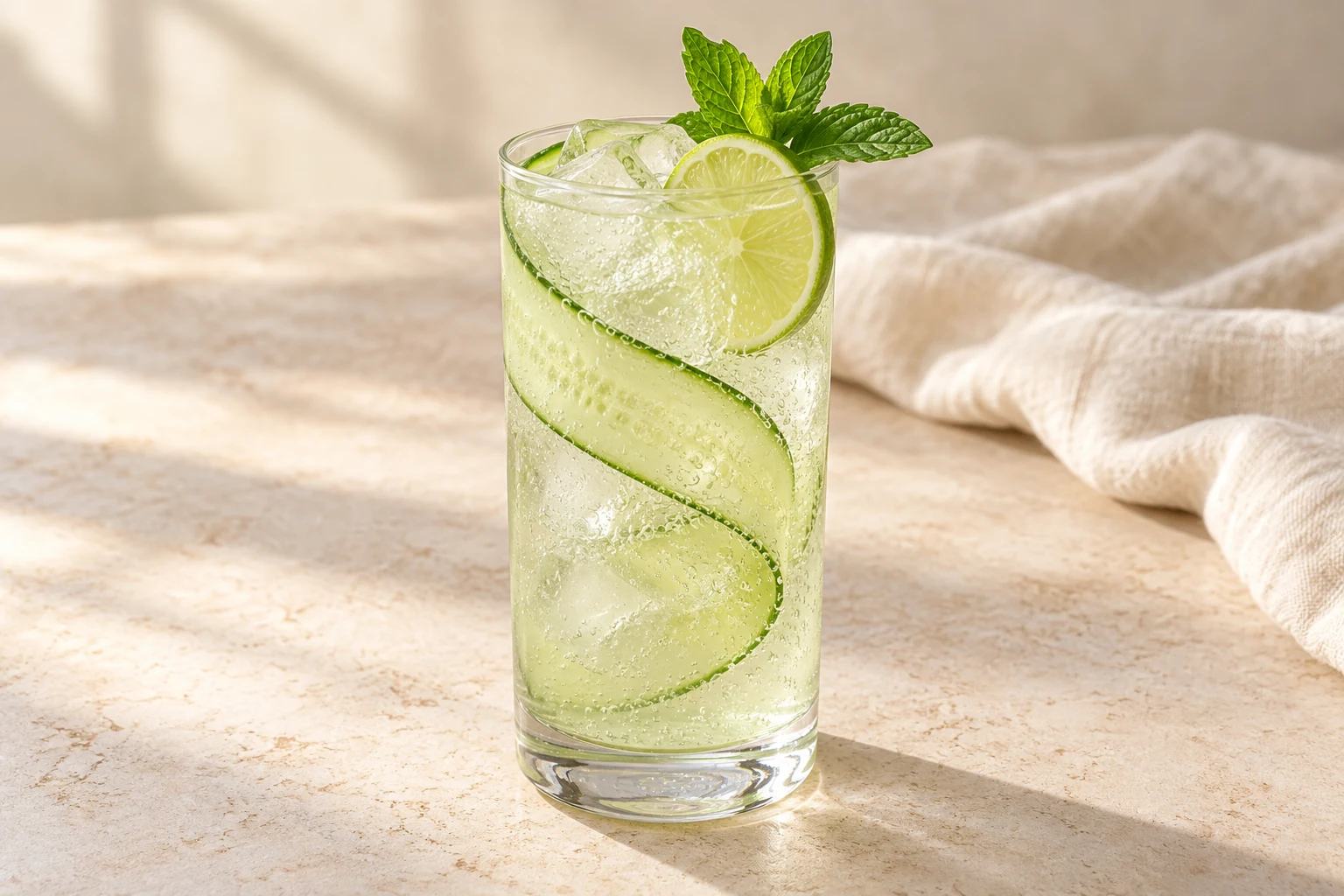 A very pale green sparkling cooler in a tall ice-filled glass, with a cucumber ribbon, lime wheel, and small mint sprig