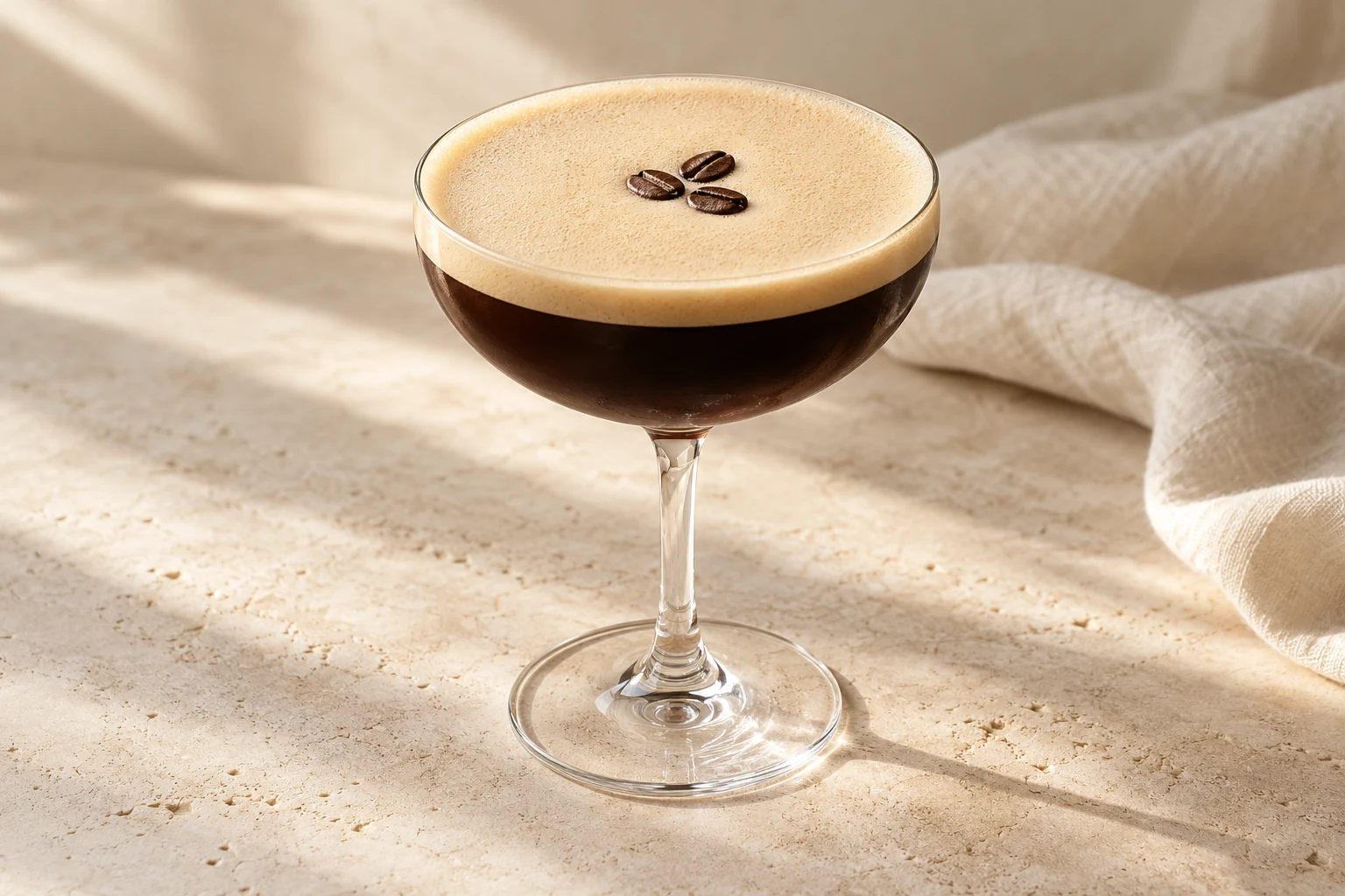 Deep brown espresso martini in a coupe with tan foam and exactly three coffee beans