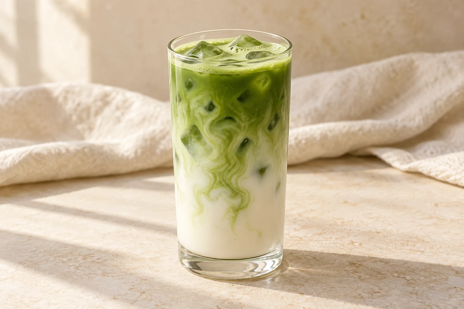 A tall iced matcha latte with a soft green tea layer swirling into pale milk, without garnish