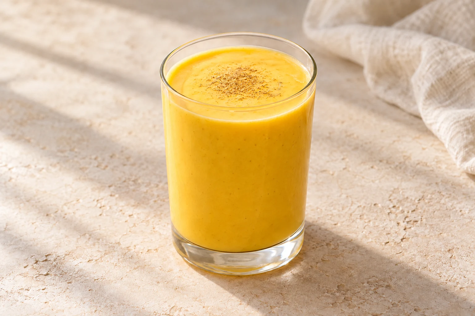 Thick golden mango lassi in a clear straight tumbler with a light dusting of cardamom