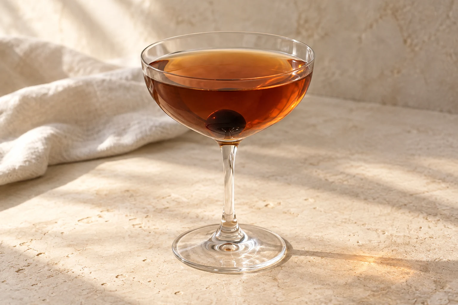 Clear deep amber Manhattan in a coupe with one preserved cocktail cherry and no ice