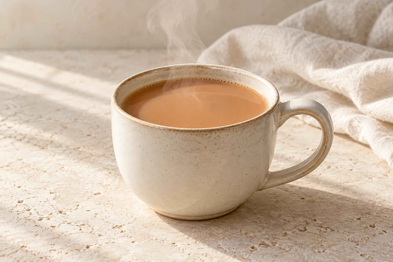 Caramel-tan masala chai served hot in an ivory ceramic cup without garnish
