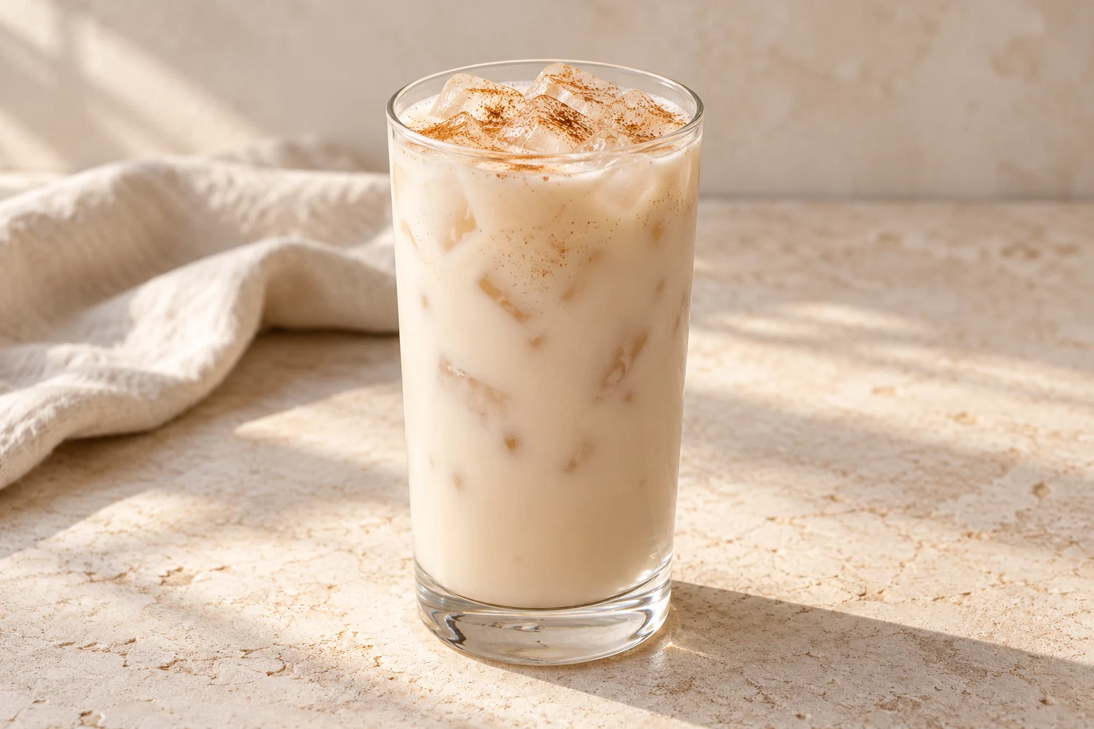 Opaque off-white Mexican horchata over ice in a tall glass with a light cinnamon dusting