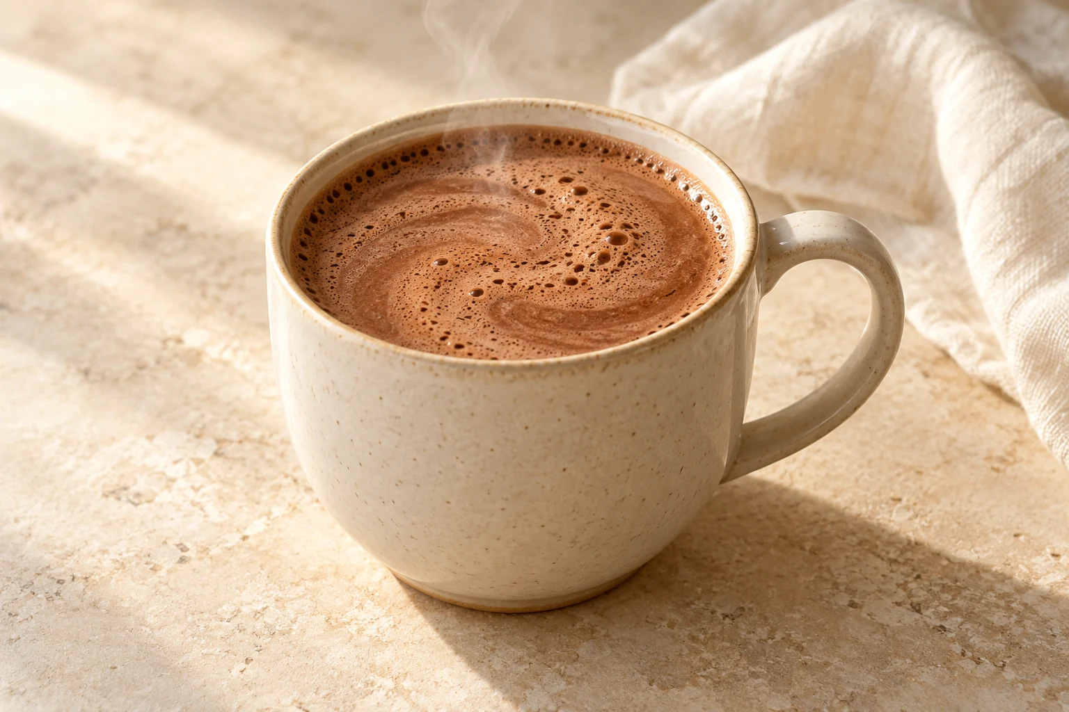 Steaming rich-brown hot chocolate with lightly whisked foam in an ivory ceramic mug