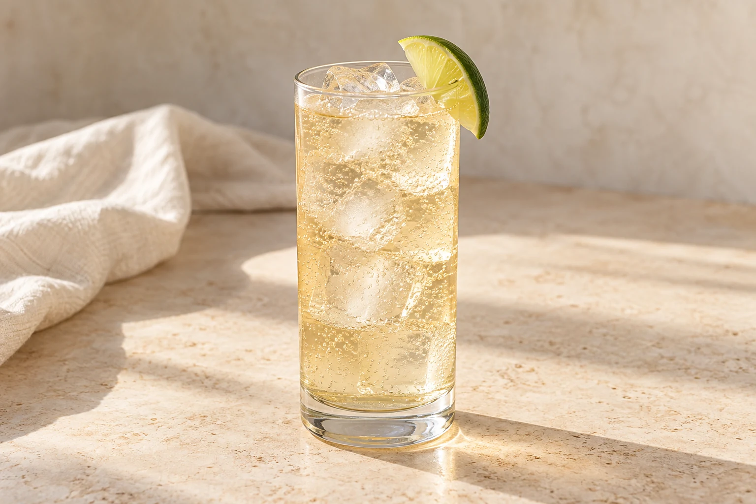 Pale gold fizzy Moscow mule in a clear tall glass with ice and a lime wedge