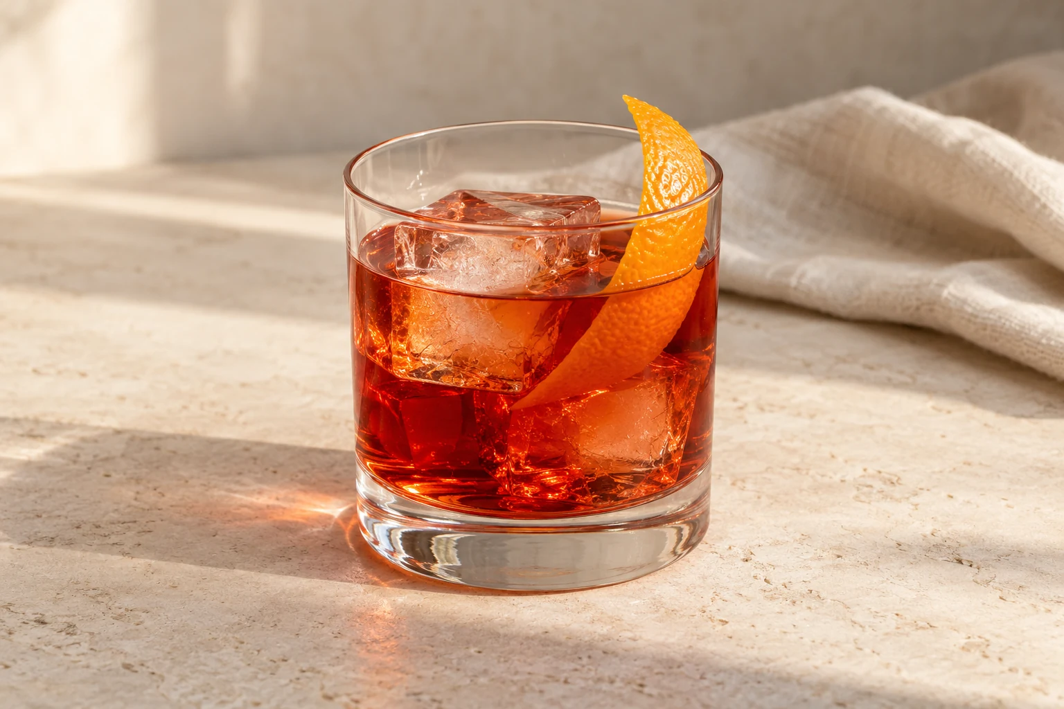 Ruby-orange Negroni in a rocks glass over ice with a curl of orange peel