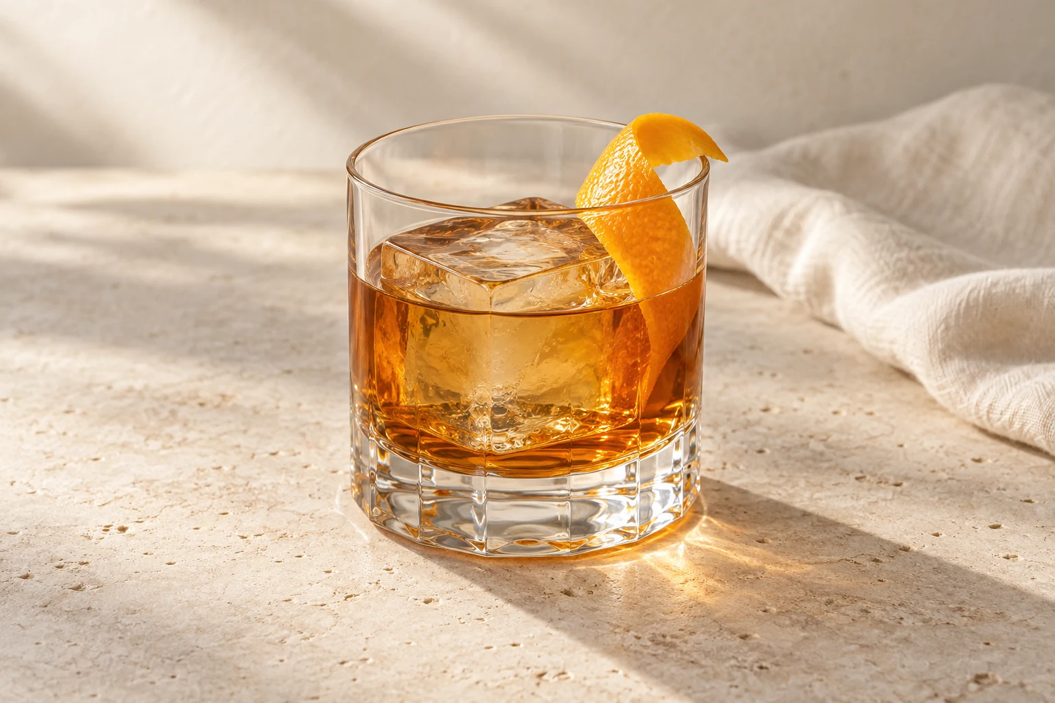 Amber old fashioned in a short rocks glass with one large ice cube and a curl of orange peel