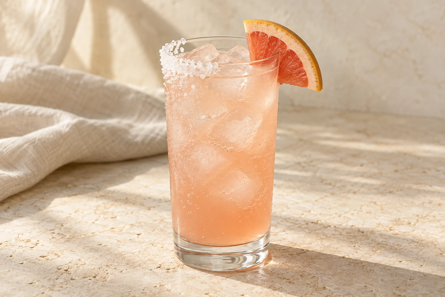 Pale pink paloma in a tall ice-filled glass with a half salt rim and grapefruit wedge