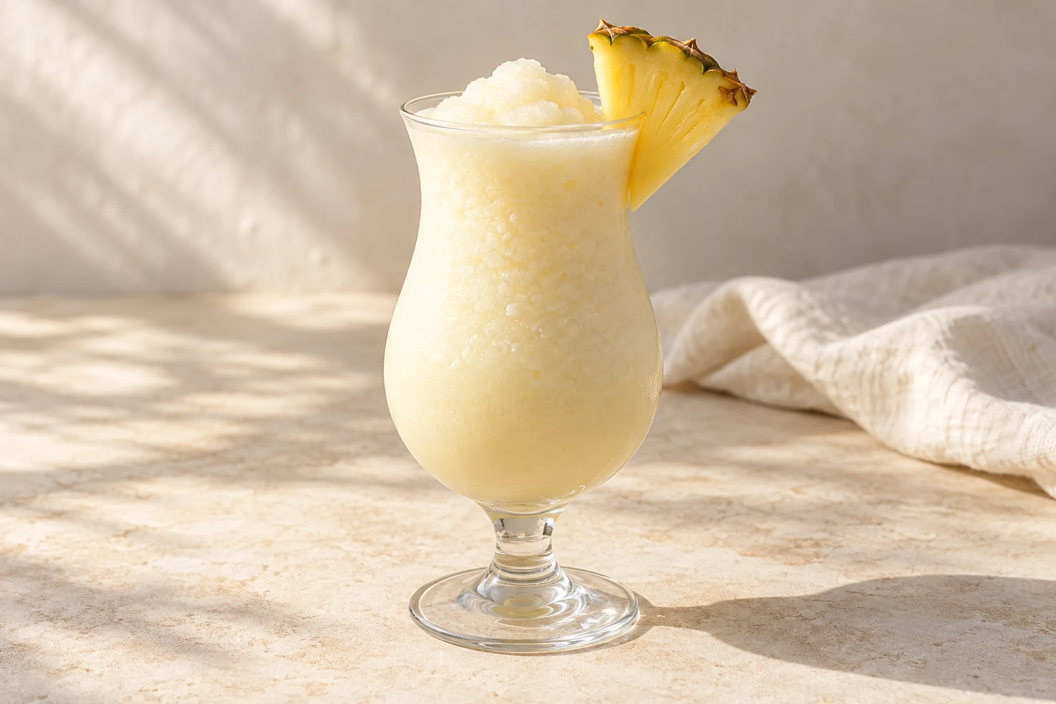 Pale creamy frozen piña colada in a rounded hurricane glass with a pineapple wedge