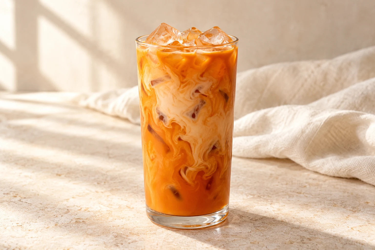 Saturated amber-orange Thai tea over ice in a tall clear glass, with pale creamy swirls and no garnish