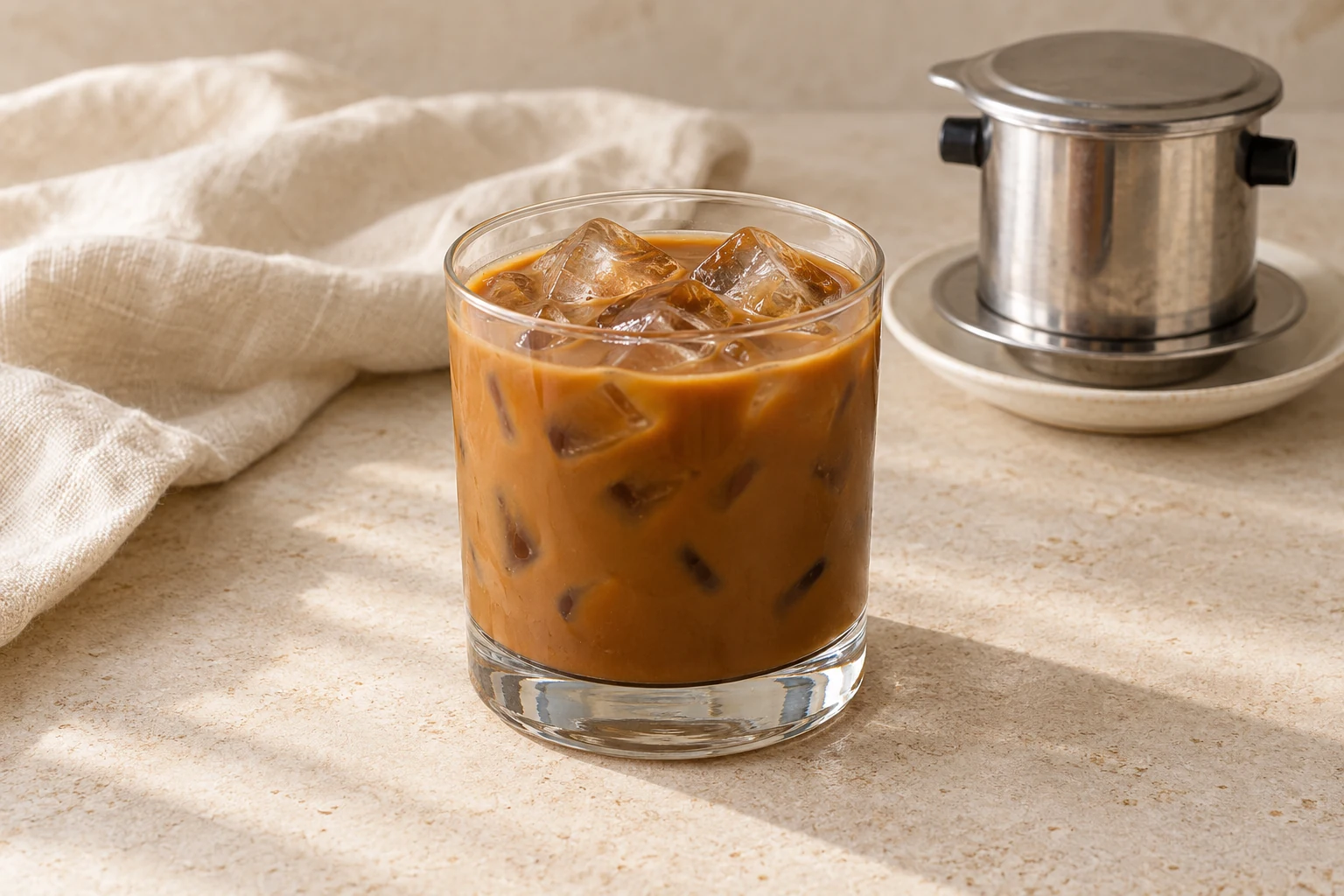 Stirred amber-brown Vietnamese coffee over ice in a low clear glass, with an empty stainless phin on an ivory saucer behind it