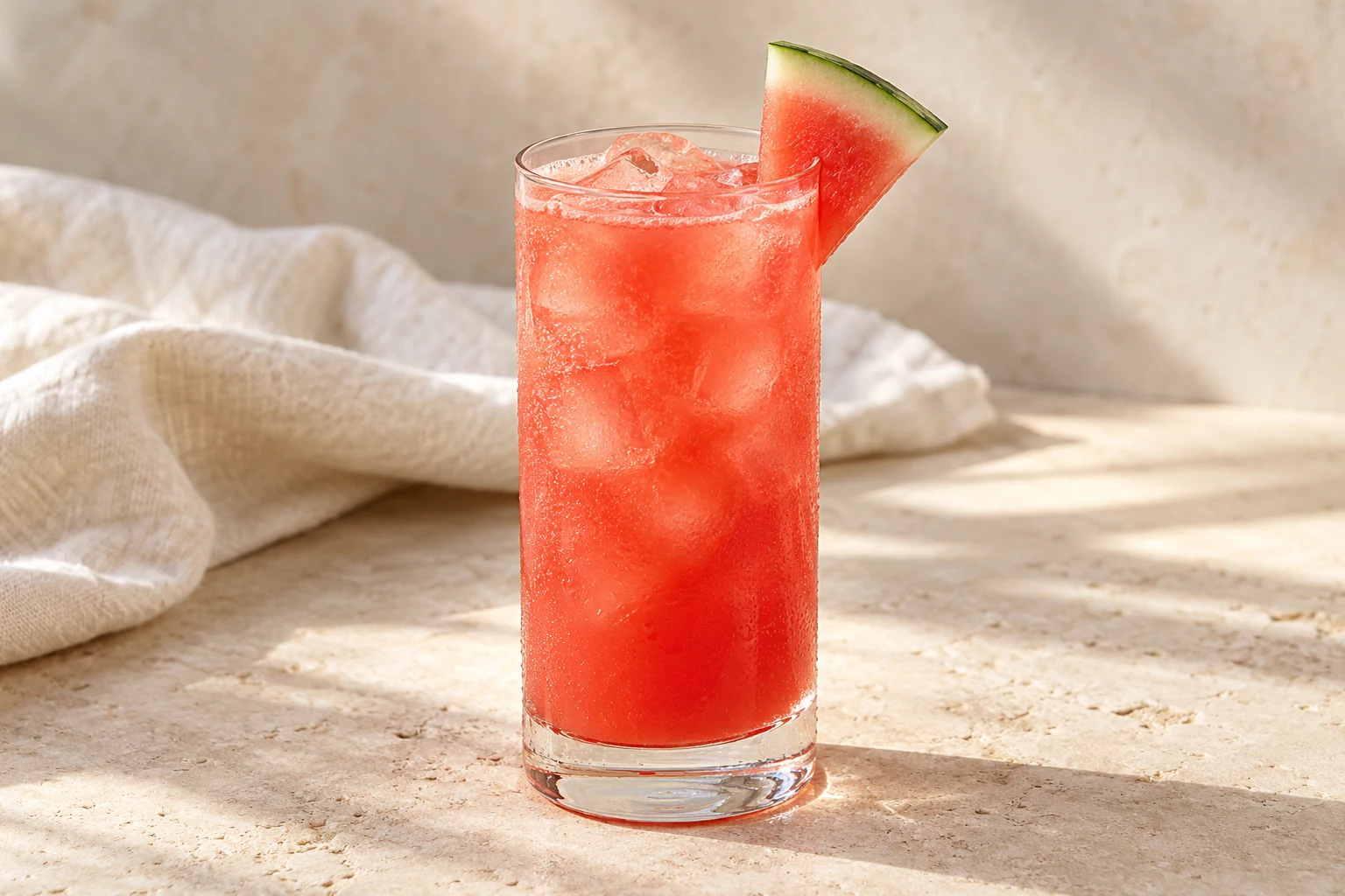A thin pink-red watermelon agua fresca over ice in a tall clear glass, garnished with a small triangular watermelon wedge