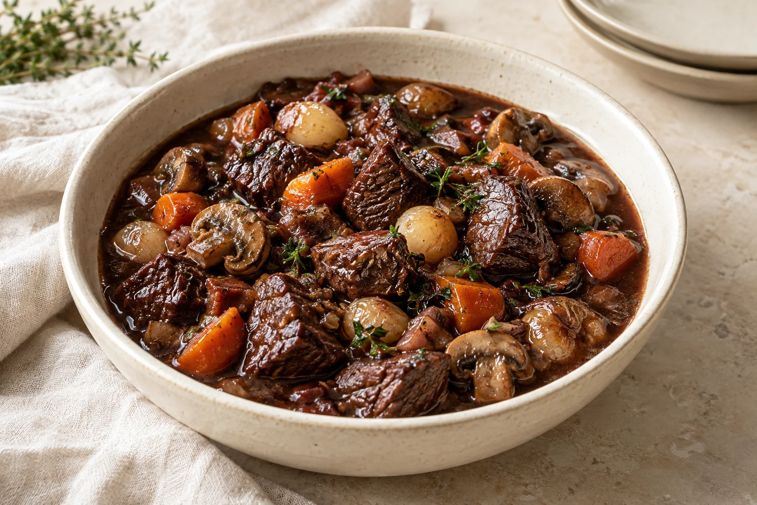 Irregular tender beef chunks, carrots, browned mushrooms, and pearl onions in a glossy dark wine sauce