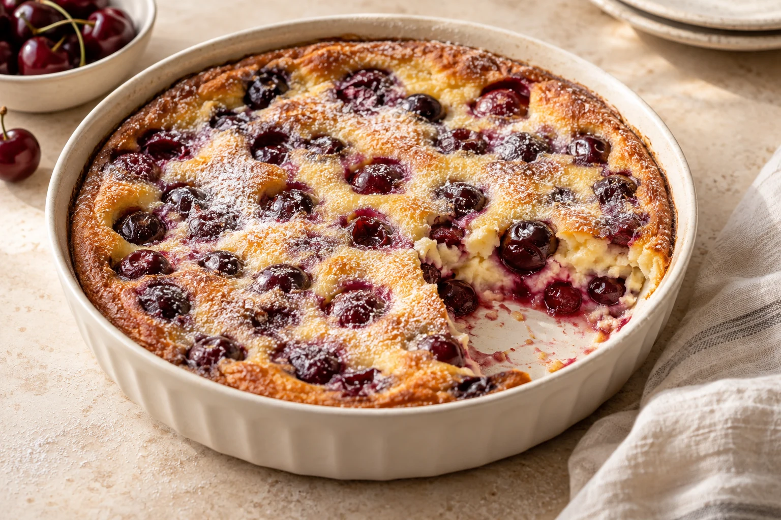 Pitted dark cherries irregularly dotted through pale baked custard with lightly browned edges