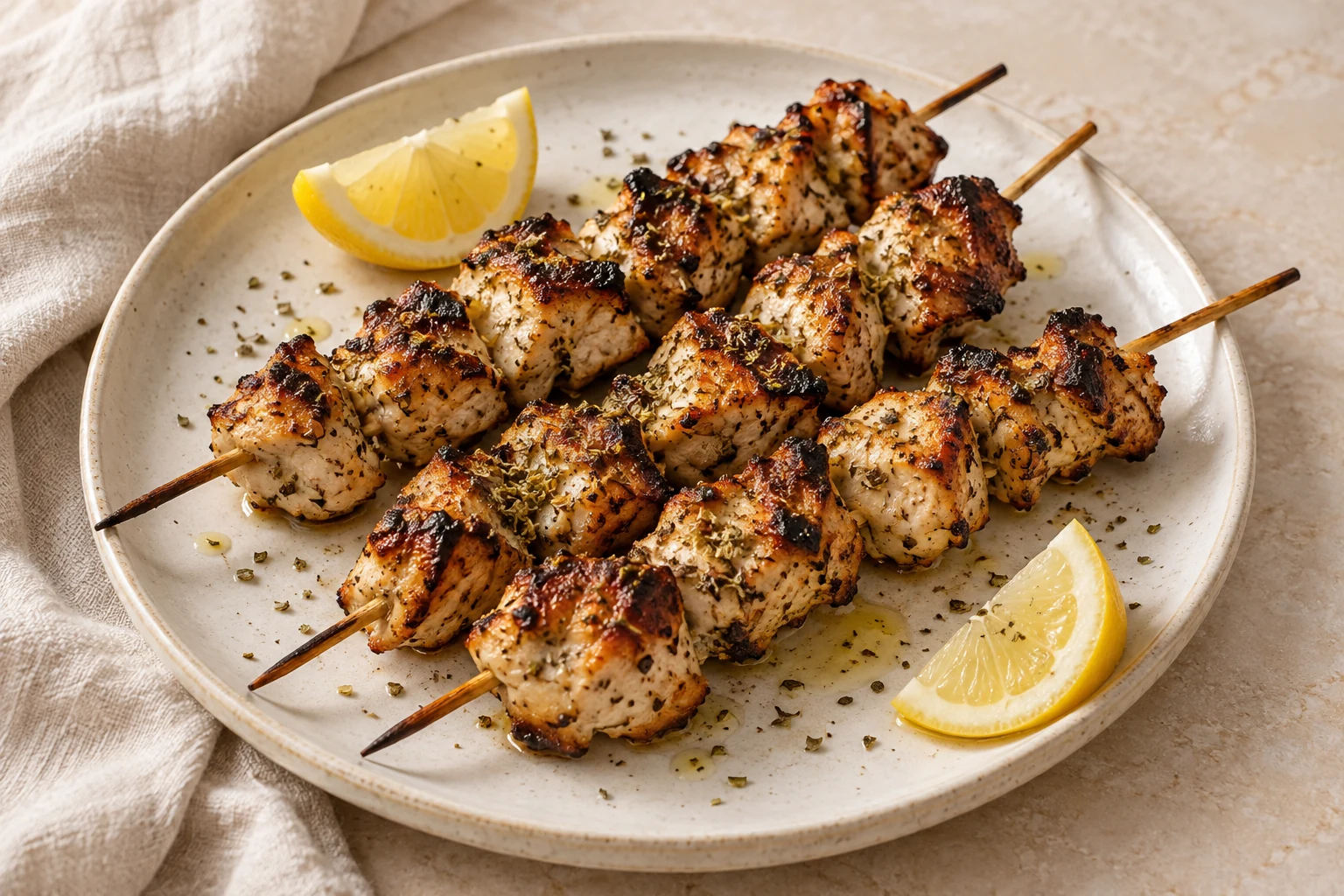 Irregular grilled chicken pieces on skewers with lemon wedges and a sparse scattering of oregano