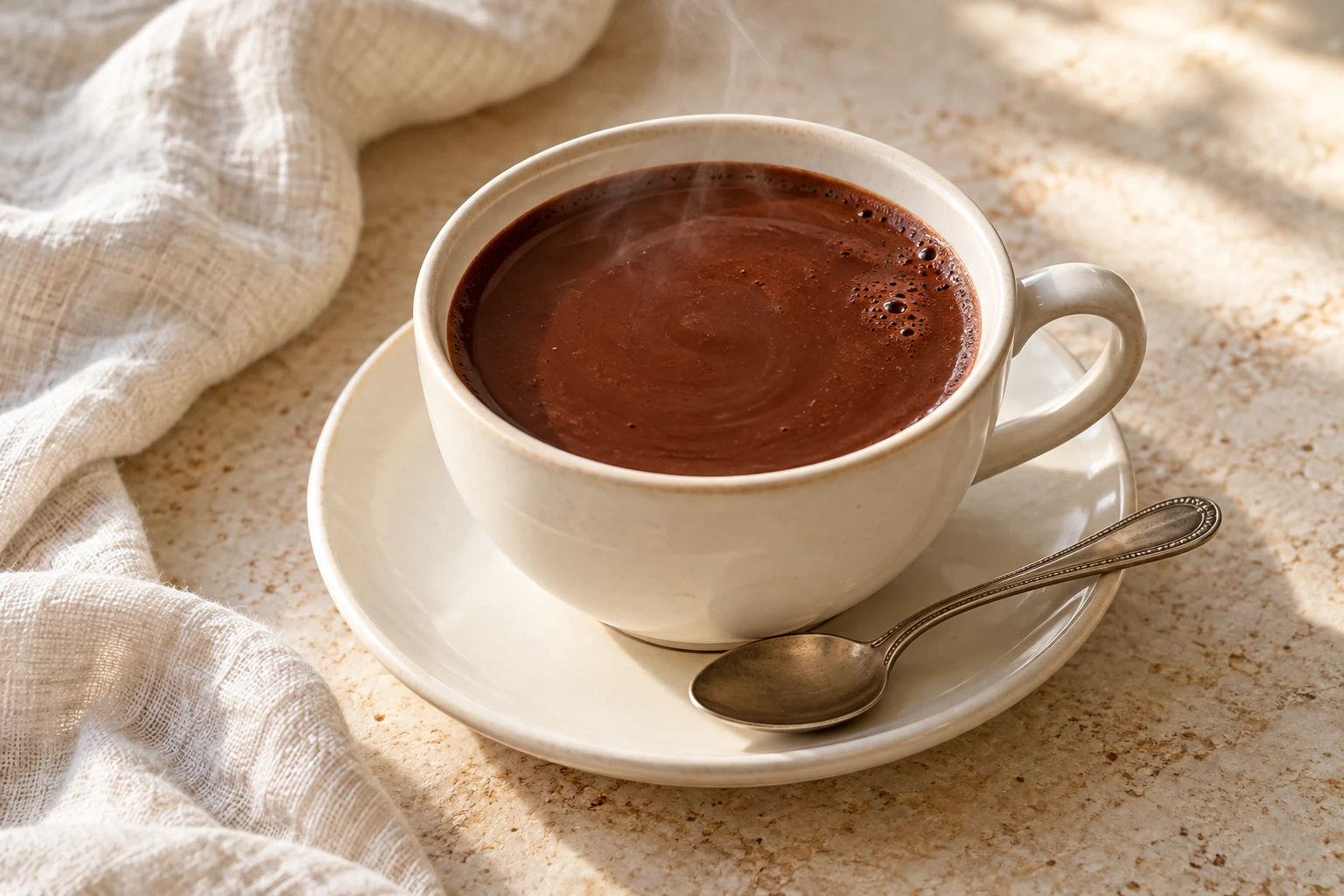 Rich dark hot chocolate with a smooth glossy surface in a simple ceramic cup, without a cream topping