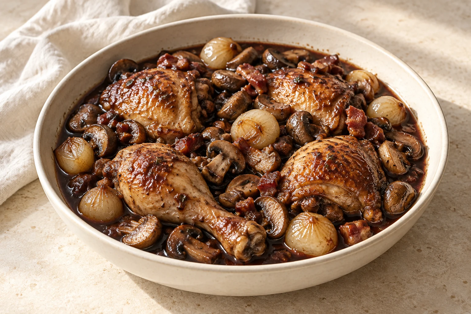 Bone-in chicken in a dark red-wine sauce with browned mushrooms, pearl onions, and small bacon pieces