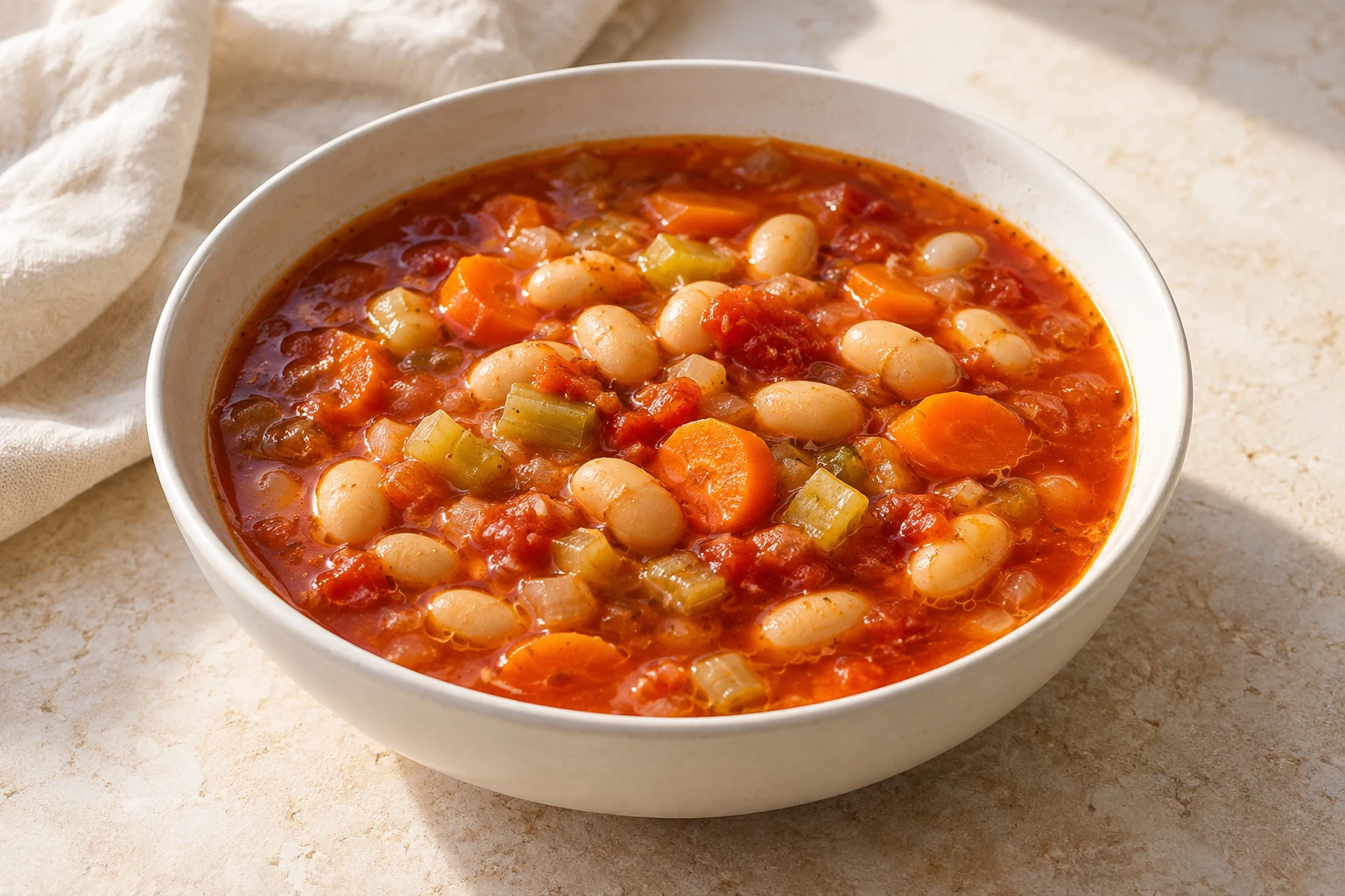 White beans, carrot rounds, and celery in a red tomato broth with a light olive-oil sheen