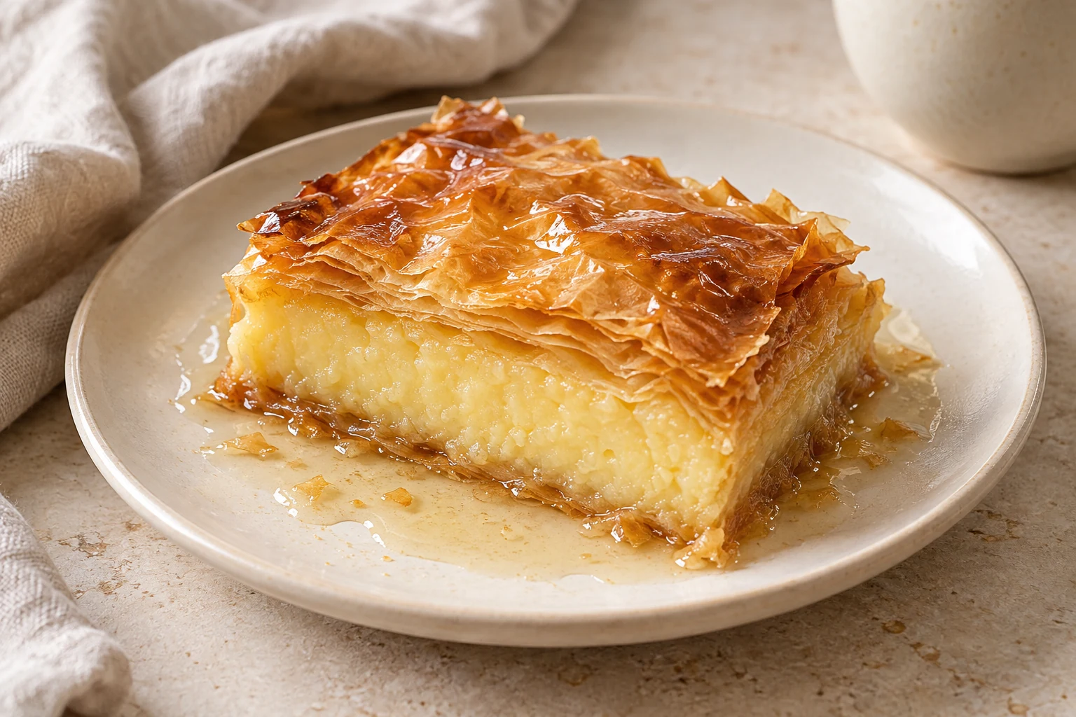 A golden phyllo pastry slice with a pale semolina custard center and a light syrup sheen, without nuts