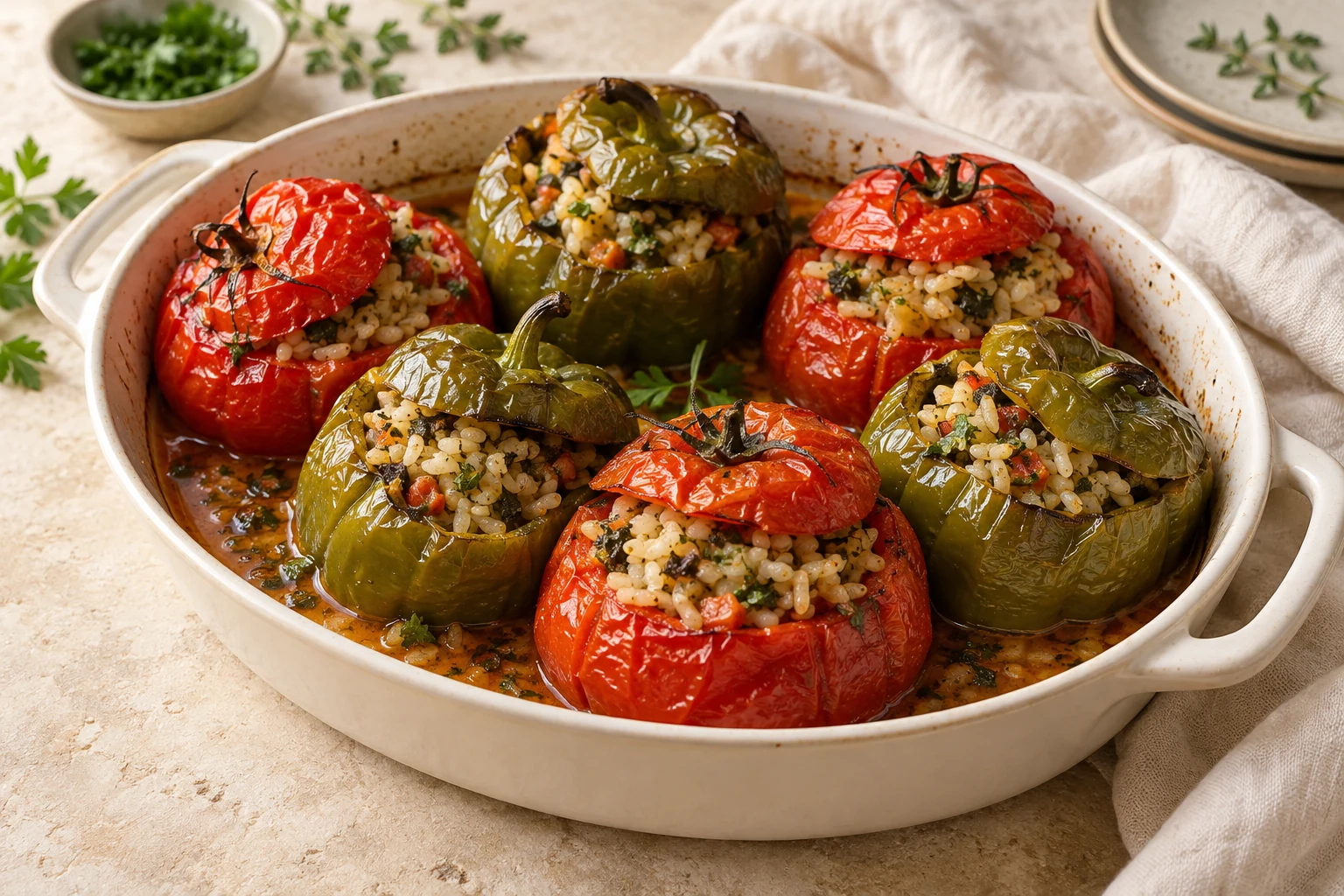 Baked red tomatoes and green peppers filled with herbed rice, with their caps tilted casually on top