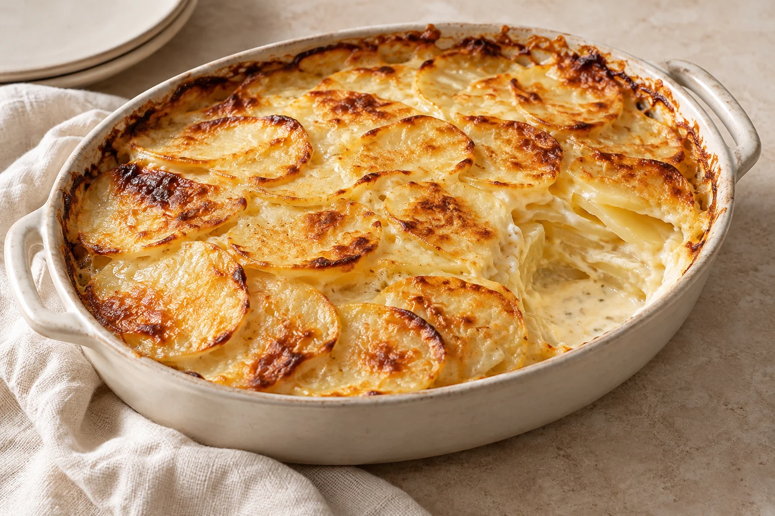 Thin overlapping potato layers in a creamy gratin with an uneven golden-brown surface