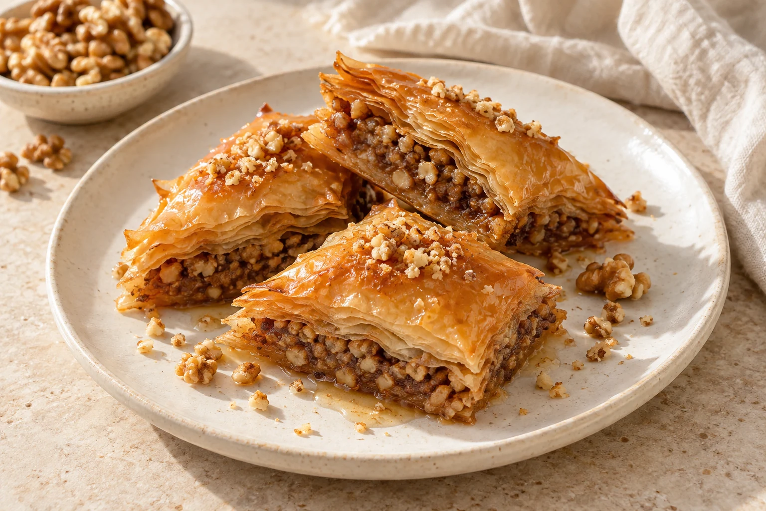 Golden layered walnut baklava pieces with honey syrup and scattered pastry crumbs, without pistachios