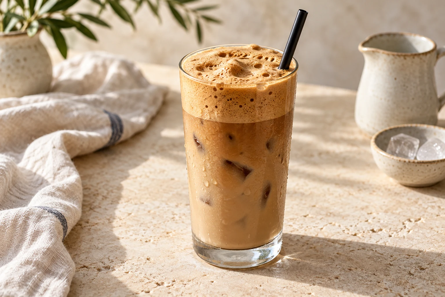 A tall iced tan coffee with a thick frothy brown cap, without whipped cream or decorative toppings