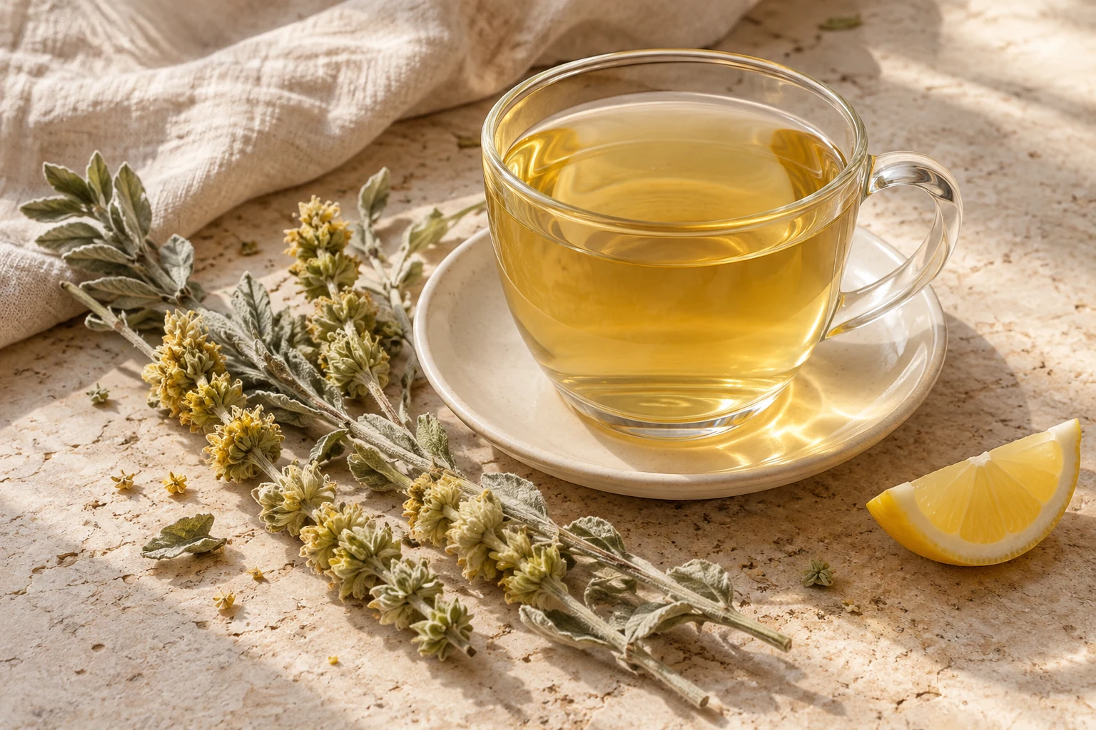 Pale golden herbal tea in a clear mug with dried flowering Sideritis stems and an optional lemon slice nearby