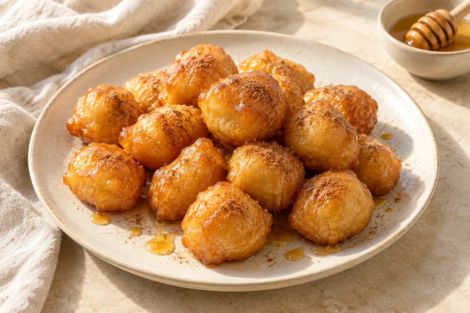 Small irregular golden doughnut puffs with a loose honey drizzle and uneven cinnamon dusting, without nuts