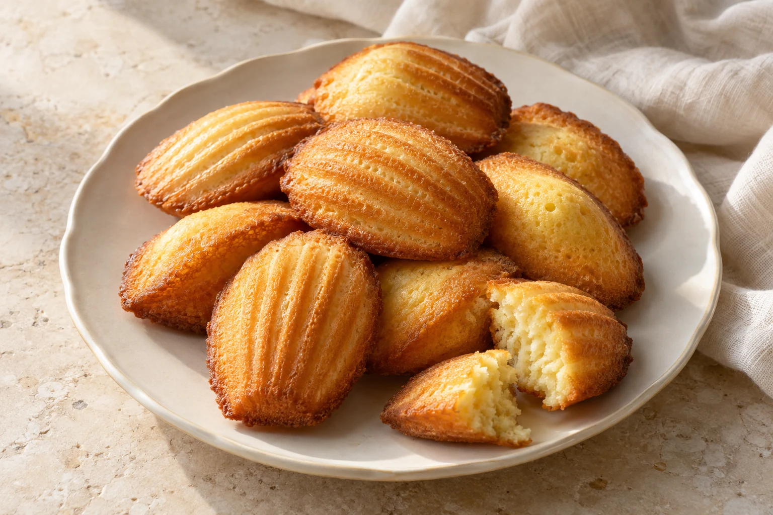 Small golden shell-shaped madeleines with naturally varied browned edges arranged in a loose pile