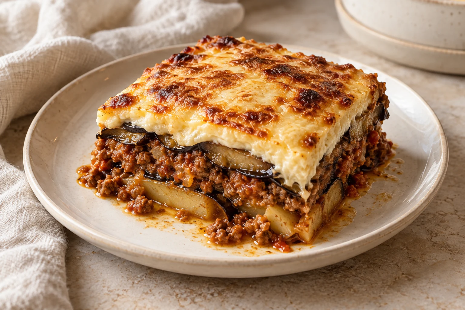 A square of moussaka showing eggplant, potato, beef sauce, and a thick pale béchamel layer with an uneven golden top
