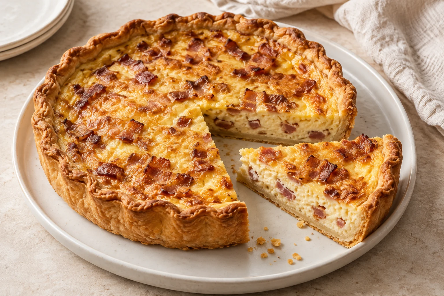Golden shortcrust quiche with a pale egg-and-cream filling and irregular bacon pieces, one slice removed