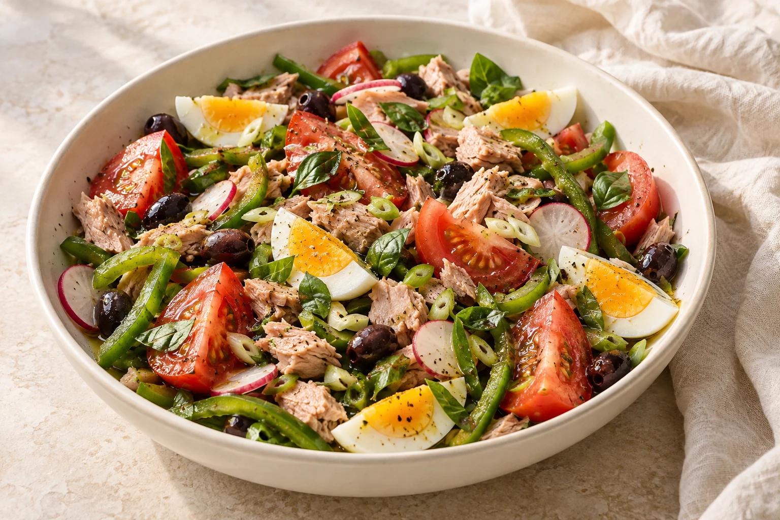 Tomato wedges, tuna, hard-boiled egg quarters, black olives, raw green pepper, radishes, and basil loosely arranged on a platter