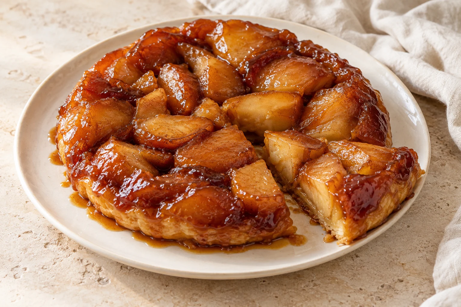 An inverted caramel apple tart with large irregular apple pieces and a golden pastry base