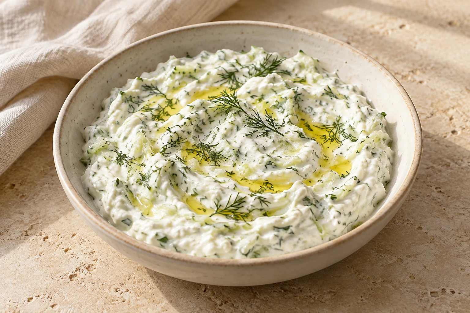 Thick white yogurt and cucumber dip with small dill flecks and an uneven olive-oil drizzle