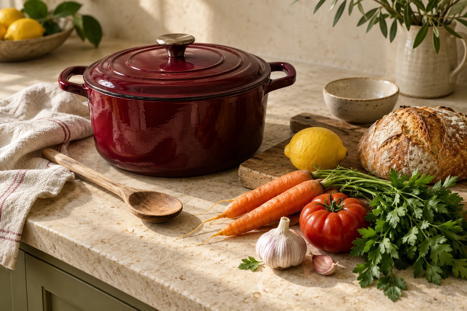 A burgundy cooking pot, fresh vegetables, herbs, lemon, and rustic bread on a warm limestone kitchen counter