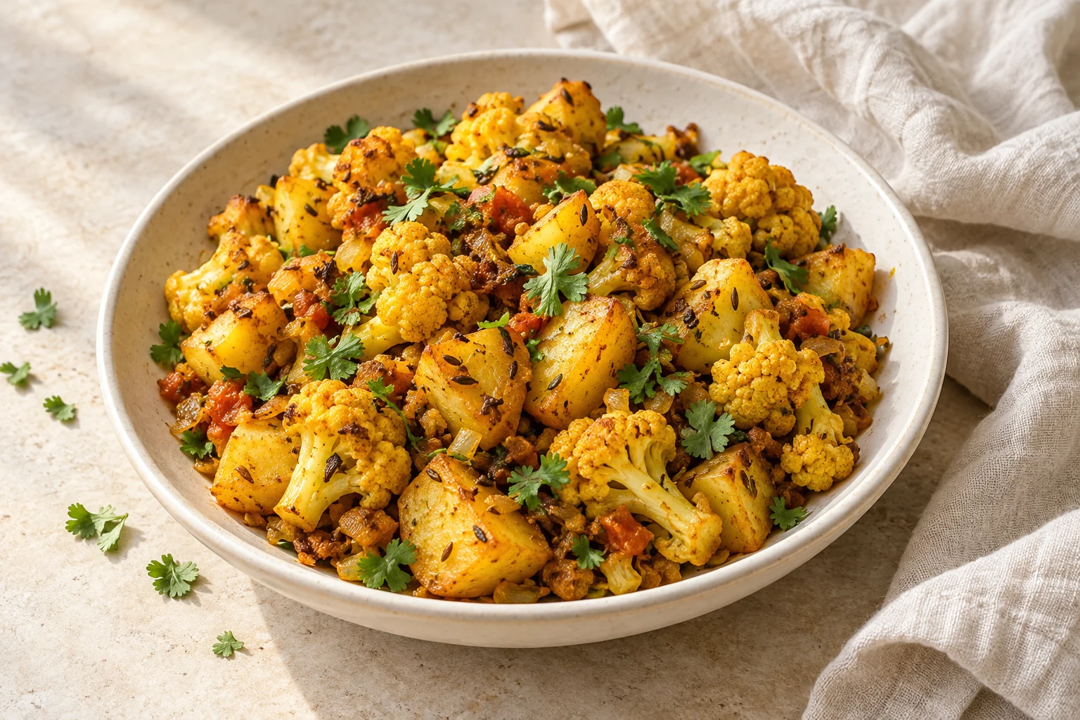 Turmeric-golden cauliflower florets and irregular potato chunks with cumin, softened onion and tomato, and loosely scattered cilantro