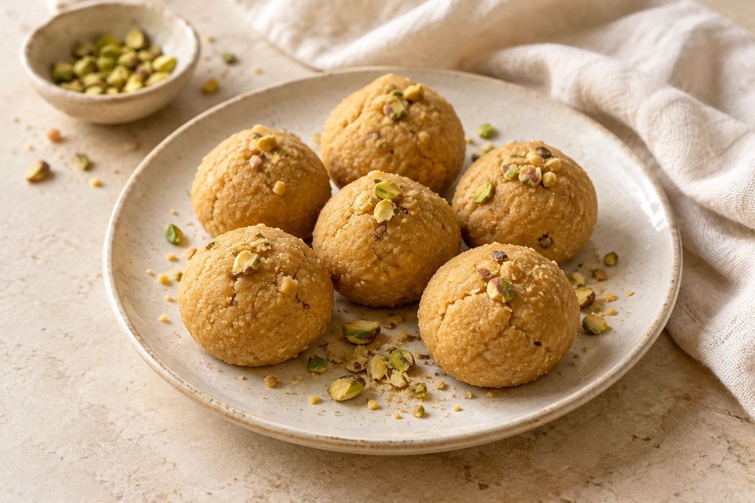 Golden-tan hand-rolled besan ladoo with fine grain, slightly irregular shapes, and a few tiny pistachio pieces