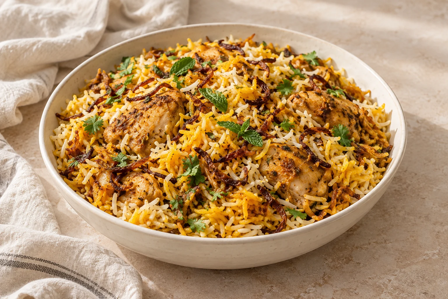 Separate white and saffron-gold basmati grains layered with boneless chicken pieces, uneven browned onion strands, mint, and cilantro