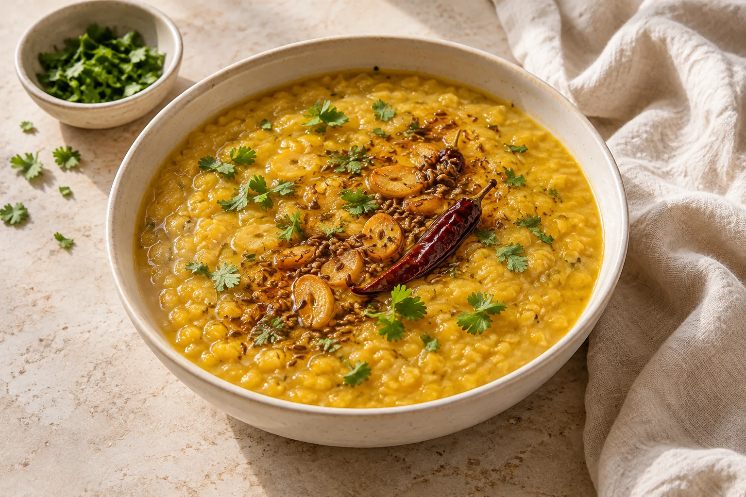Golden split-pigeon-pea dal with irregular ghee streaks, browned garlic slivers, cumin seeds, dried red chilies, and cilantro