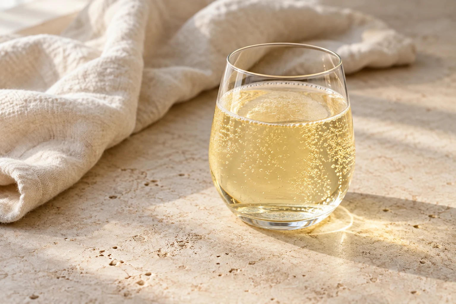 Pale white-wine spritzer with fine irregular bubbles in a clear glass, without ice or garnish